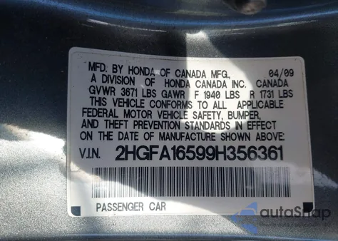 2009 Honda Civic Lx из США, поврежденный, VIN 2HGFA16599H356361